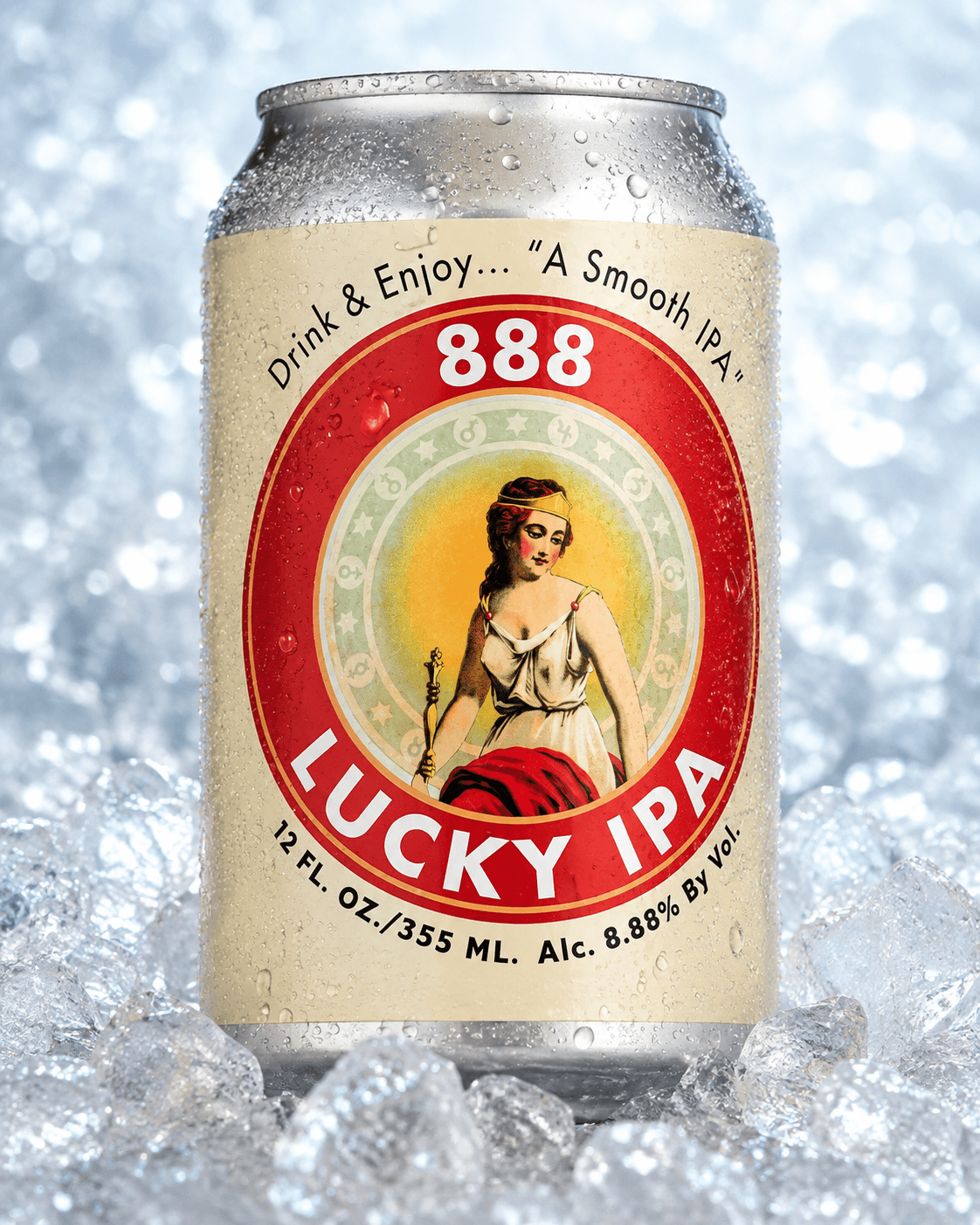 888 Lucky IPA can, chilled on ice