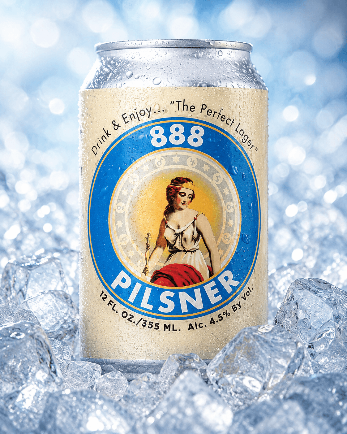 888 Pilsner can, chilled on ice