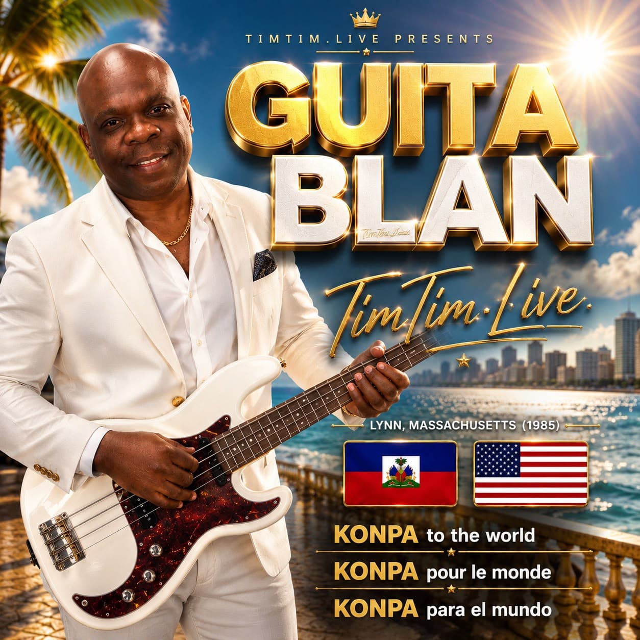 TimTim.Live holding his white guitar — Konpa to the World